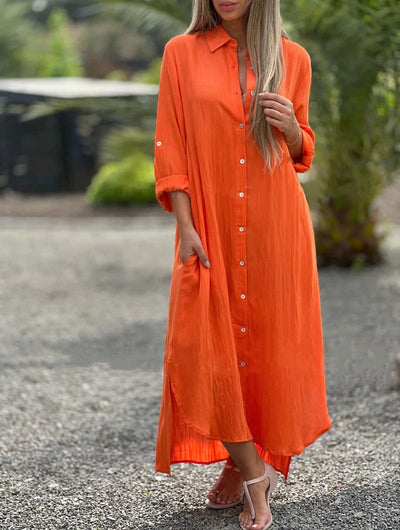 Frida - Women's Casual Solid Color Button Front Shirt Dress
