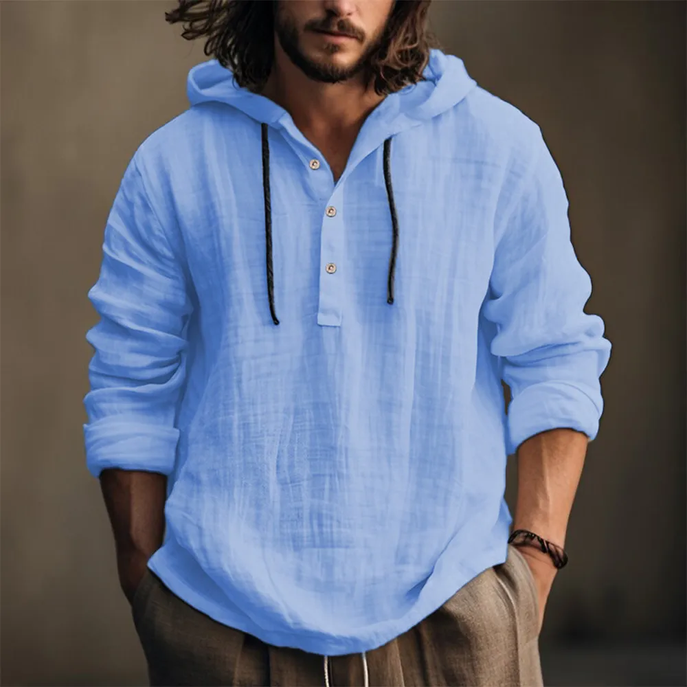 Men's long-sleeved hooded casual shirt