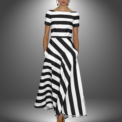 Elegant long dress with striped design and short sleeves