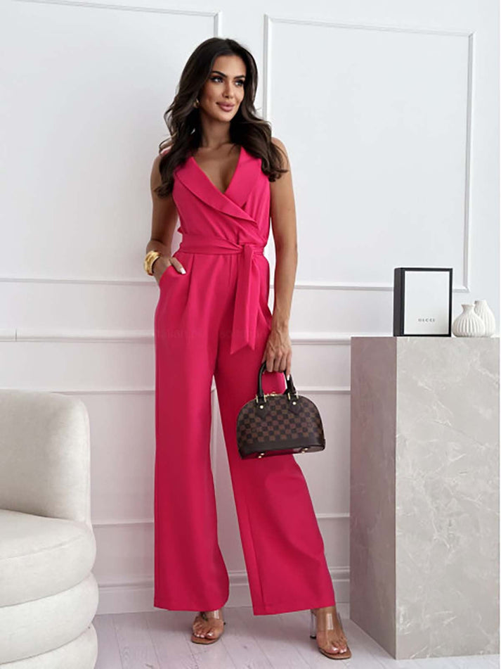 Women's sleeveless jumpsuit with deep neckline and elegant lapels