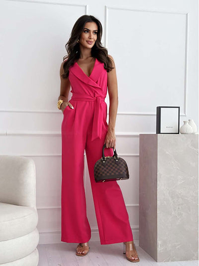 Women's sleeveless jumpsuit with deep neckline and elegant lapels