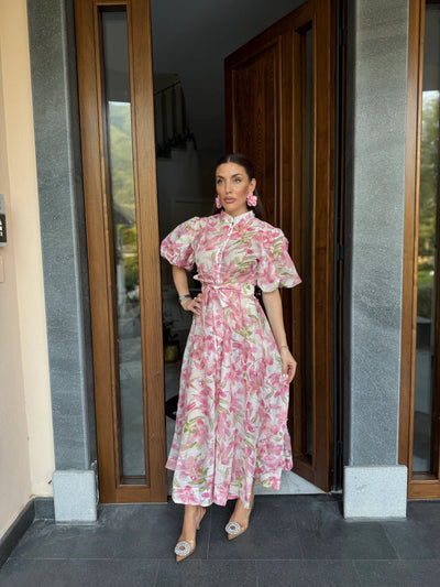 Long bohemian style dress with belt, buttons and wide sleeves