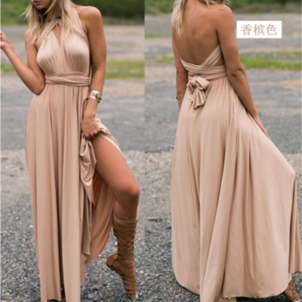 Elegant long sleeveless evening dress with open back