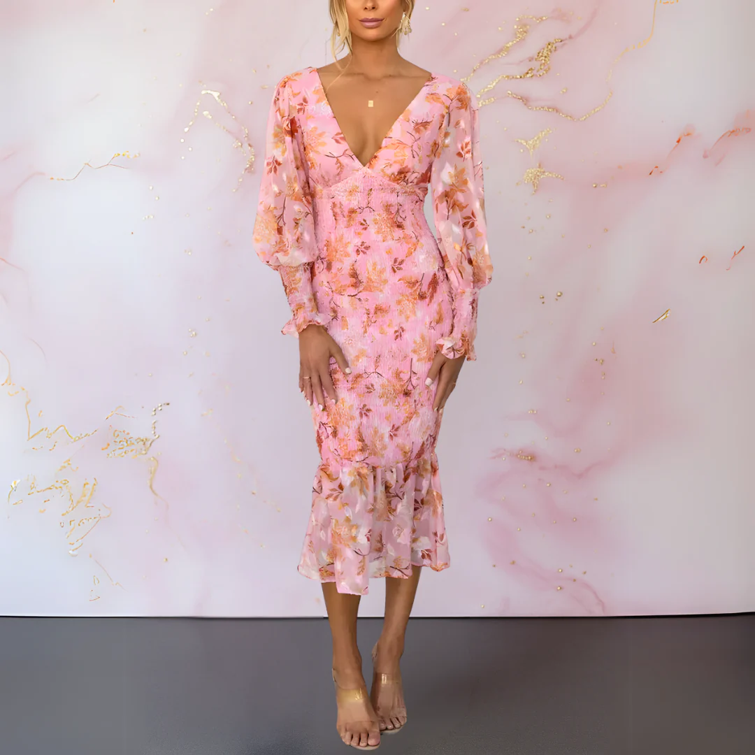 Floral print midi dress with a V-neckline and long puff sleeves