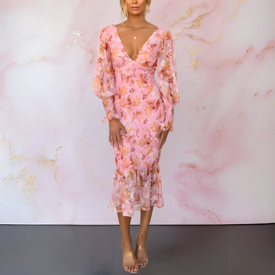 Floral print midi dress with a V-neckline and long puff sleeves