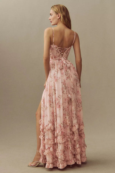 Long corset dress with thin straps and ruffled hem in a floral design