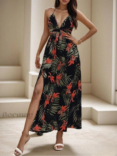 Emely - Printed dress with open back and butterfly knot detail and slit at neckline