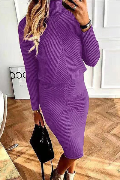 Women's Casual Two Piece Set with High Neck and Long Sleeves