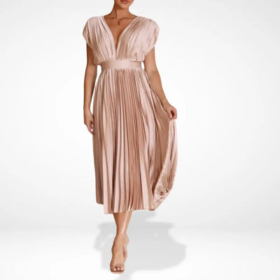 Long pleated dress with a plunging neckline and elegant style