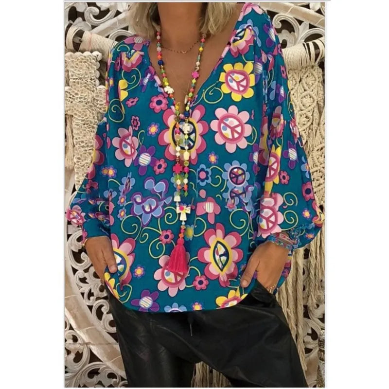 Abstract print button-down shirt with V-neck