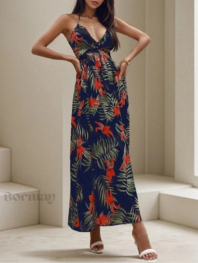 Emely - Printed dress with open back and butterfly knot detail and slit at neckline
