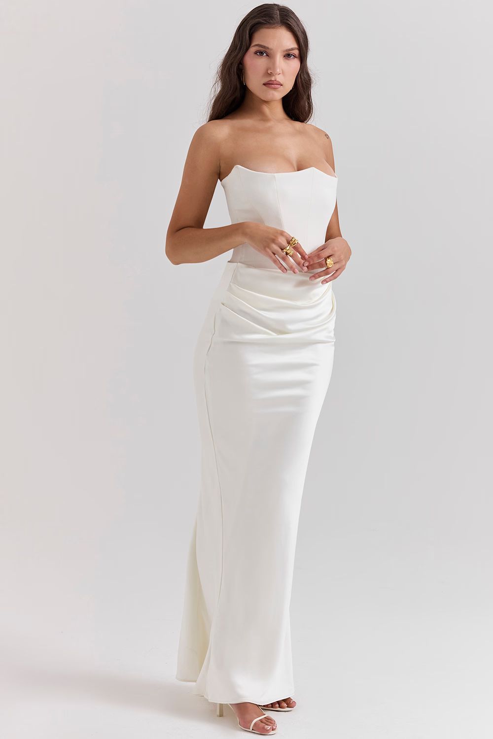 Strapless corset design evening dress with delicate pleats