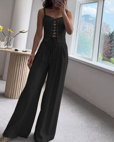 Two-piece set with a thin strap knotted top and flowing straight-leg pants