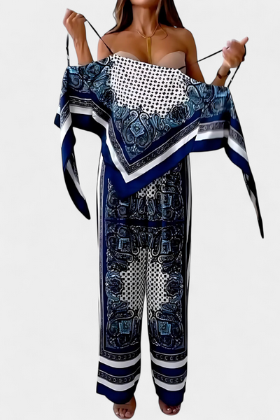 Modern printed set with thin strap top and wide-legged trousers