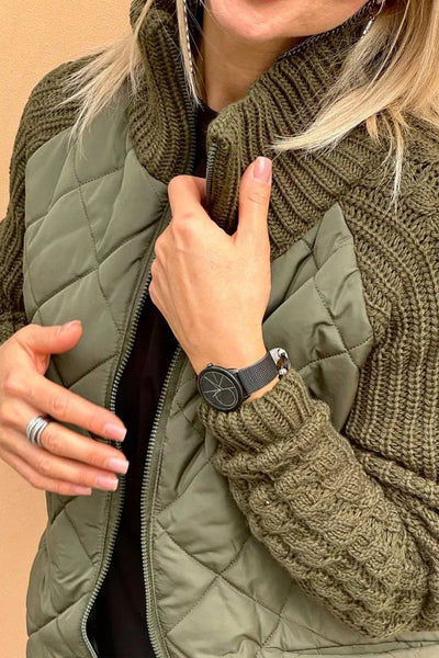 Women's casual solid color zipper jacket with contrast patchwork