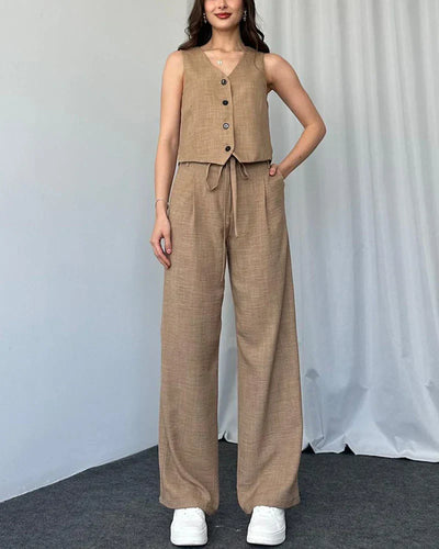 Helena - Solid color casual vest two-piece set.