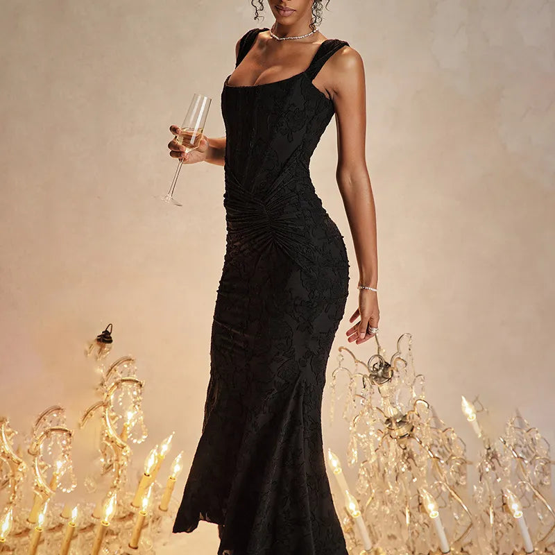 Eva - Solid Color V-Neck High Waist Fitted Long Dress