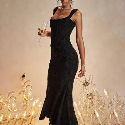 Eva - Solid Color V-Neck High Waist Fitted Long Dress