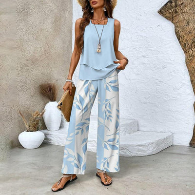 Colette - Blue two-piece set with floral print and square neck