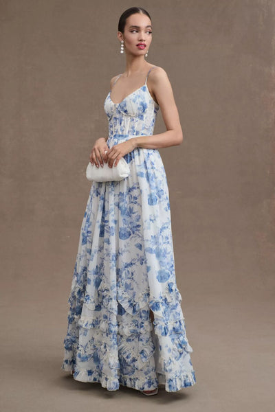 Long corset dress with thin straps and ruffled hem in a floral design