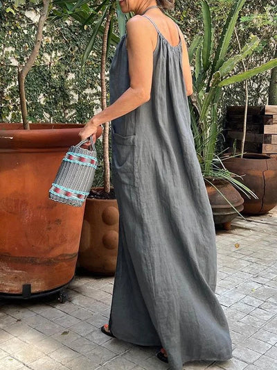 Delia - Women's V-neck Long Dress with Pocket