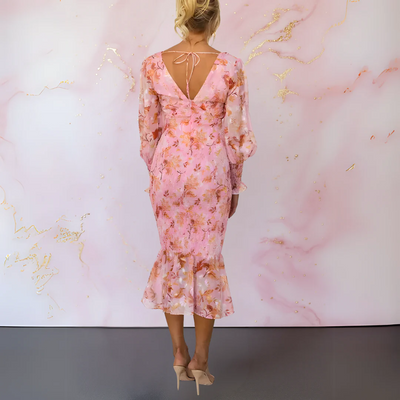 Floral print midi dress with a V-neckline and long puff sleeves