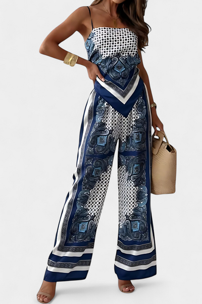 Modern printed set with thin strap top and wide-legged trousers