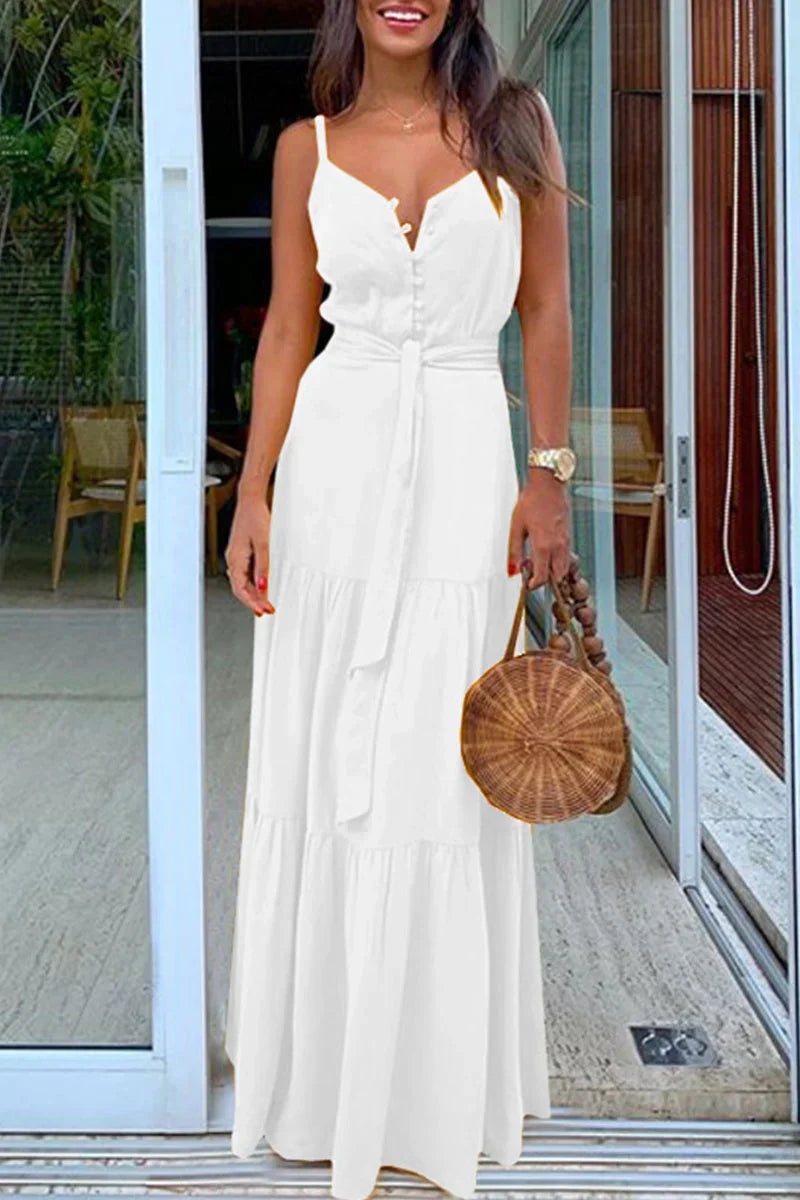 Alba - Fashion Casual Plain V-Neck Strappy Dresses