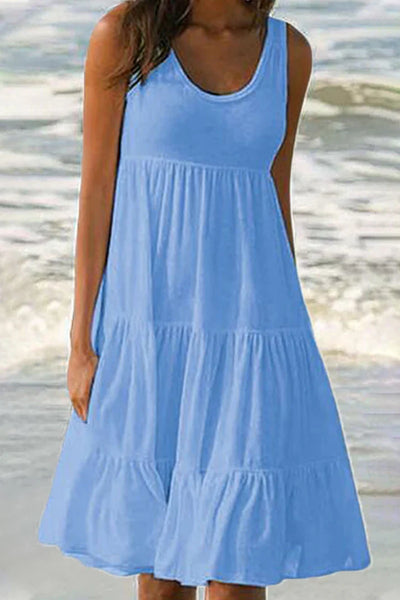 Amanda - Plain patchwork round neck pastel skirt dress, soft and fashionable