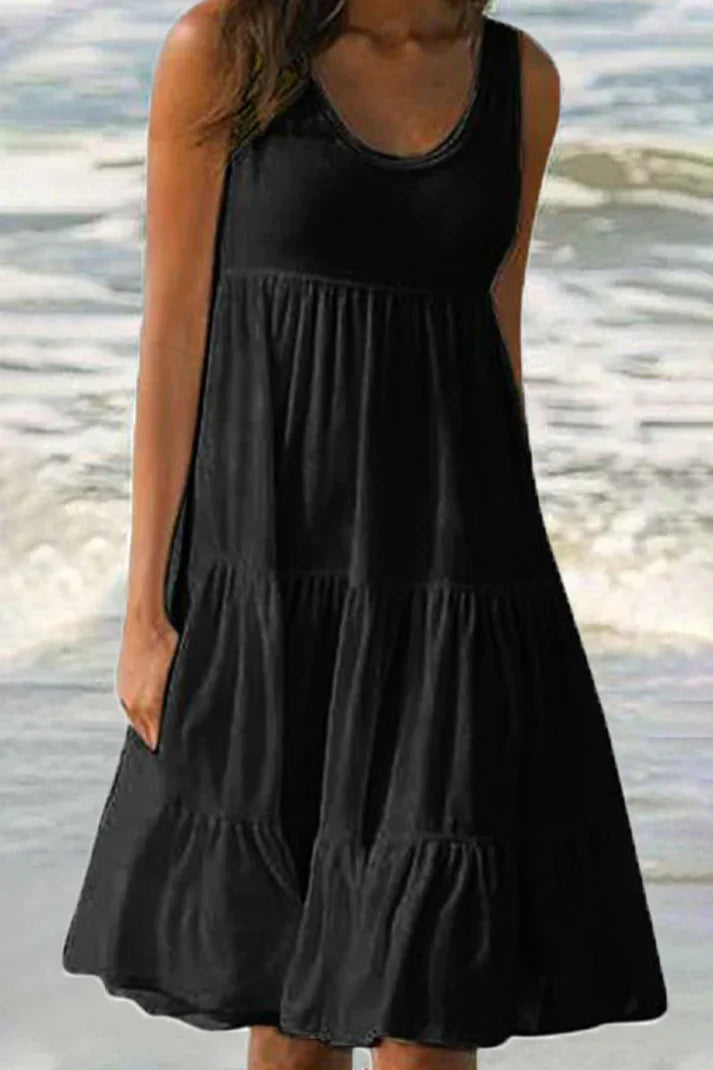 Amanda - Plain patchwork round neck pastel skirt dress, soft and fashionable