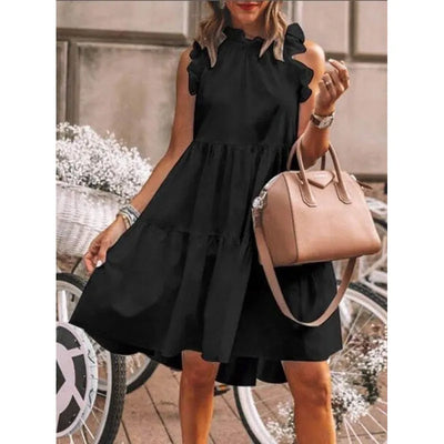 Gisela - Sweet Fashion Solid Ruffle Mix, A-Line Dress with Round Neck