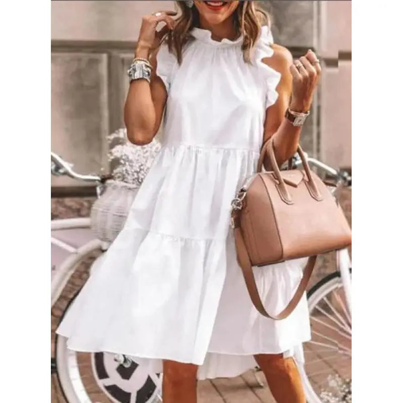Gisela - Sweet Fashion Solid Ruffle Mix, A-Line Dress with Round Neck