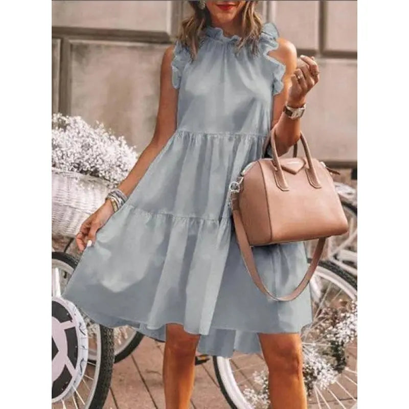Gisela - Sweet Fashion Solid Ruffle Mix, A-Line Dress with Round Neck