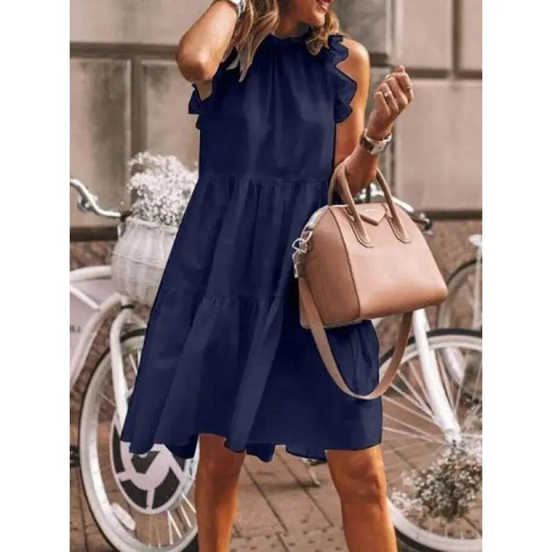 Gisela - Sweet Fashion Solid Ruffle Mix, A-Line Dress with Round Neck