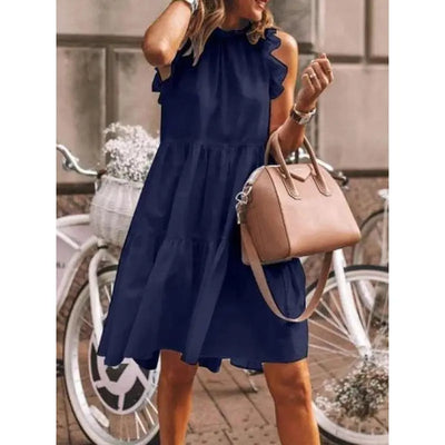 Gisela - Sweet Fashion Solid Ruffle Mix, A-Line Dress with Round Neck