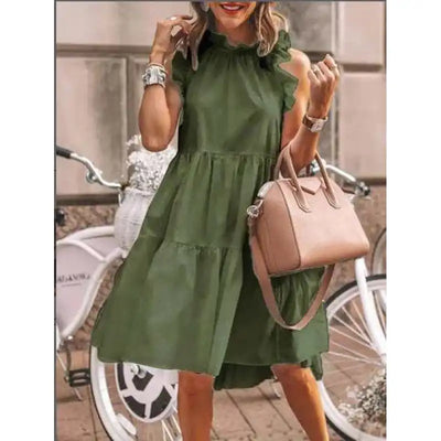 Gisela - Sweet Fashion Solid Ruffle Mix, A-Line Dress with Round Neck