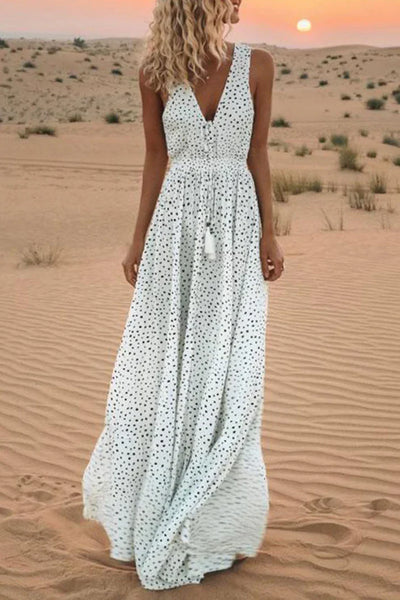 Fashionable Bohemian Polka Dot Patchwork Dresses with V Neck and A-Line