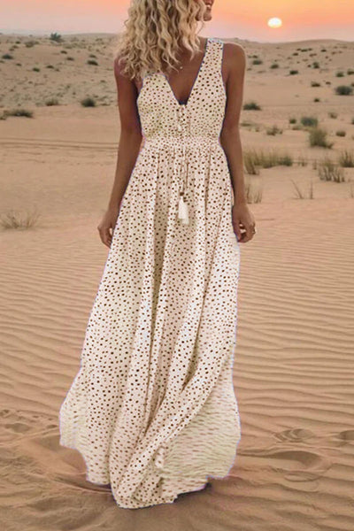 Fashionable Bohemian Polka Dot Patchwork Dresses with V Neck and A-Line