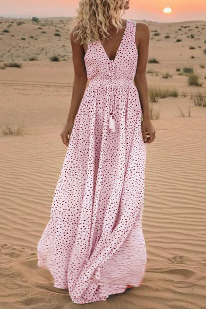 Fashionable Bohemian Polka Dot Patchwork Dresses with V Neck and A-Line