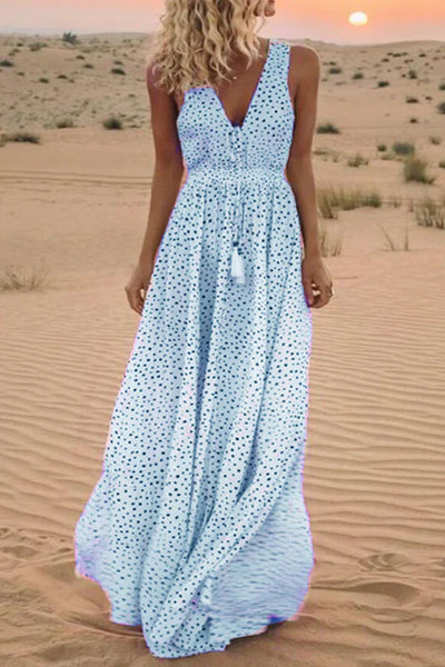 Fashionable Bohemian Polka Dot Patchwork Dresses with V Neck and A-Line