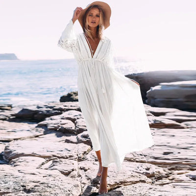 Virginia - Casual Lace Maxi Dress with V-Neck and Long Sleeves