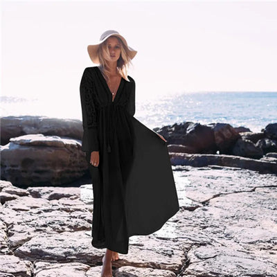 Virginia - Casual Lace Maxi Dress with V-Neck and Long Sleeves