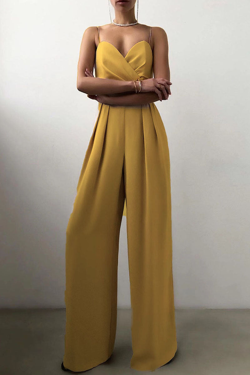 Modern jumpsuit with thin straps and wide-legged trousers in a combined style