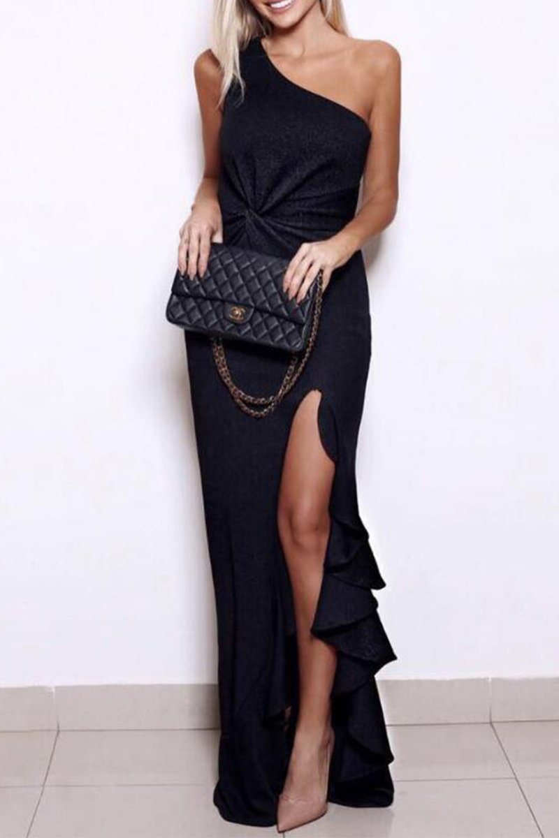 Amalie - Elegant evening dress with a strap and voluminous ruffled slit