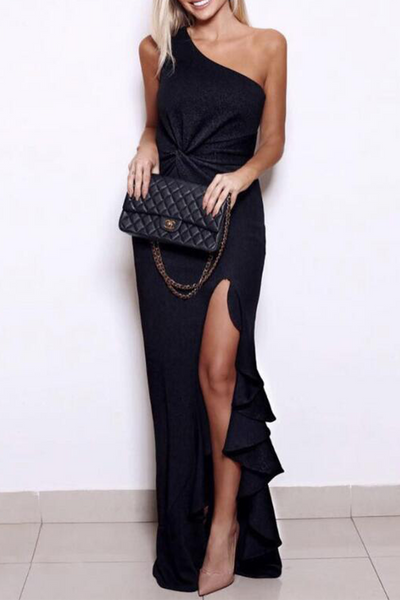 Amalie - Elegant evening dress with a strap and voluminous ruffled slit
