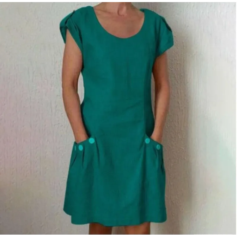 Micaela - Casual woven dress with short sleeves and a round neckline, khaki