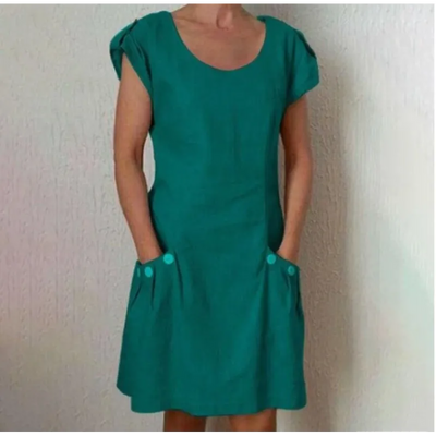 Micaela - Casual woven dress with short sleeves and a round neckline, khaki