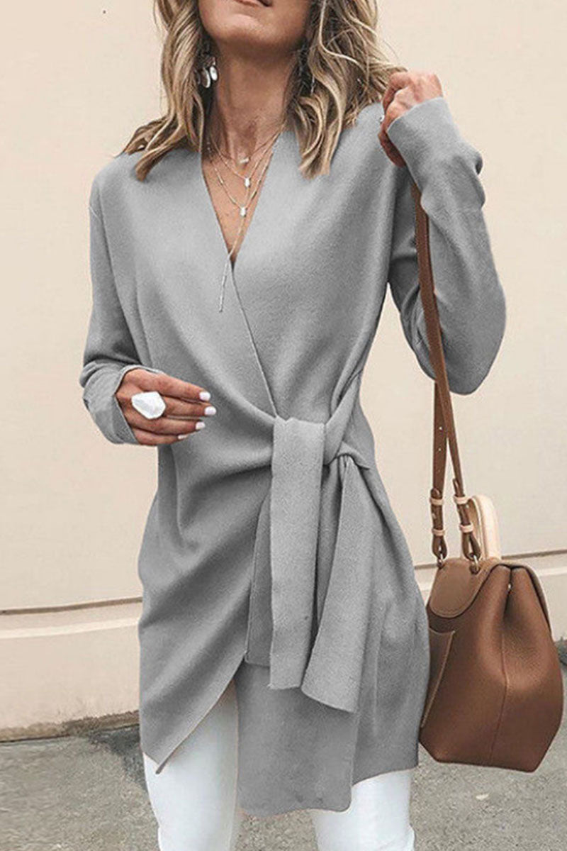 Women's Wrap Cardigan with V-Neck and Long Sleeve Belt
