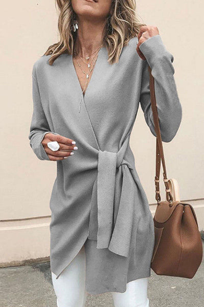 Women's Wrap Cardigan with V-Neck and Long Sleeve Belt