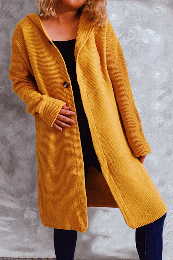 Casual Solid Color Button Down Hooded Cardigan
